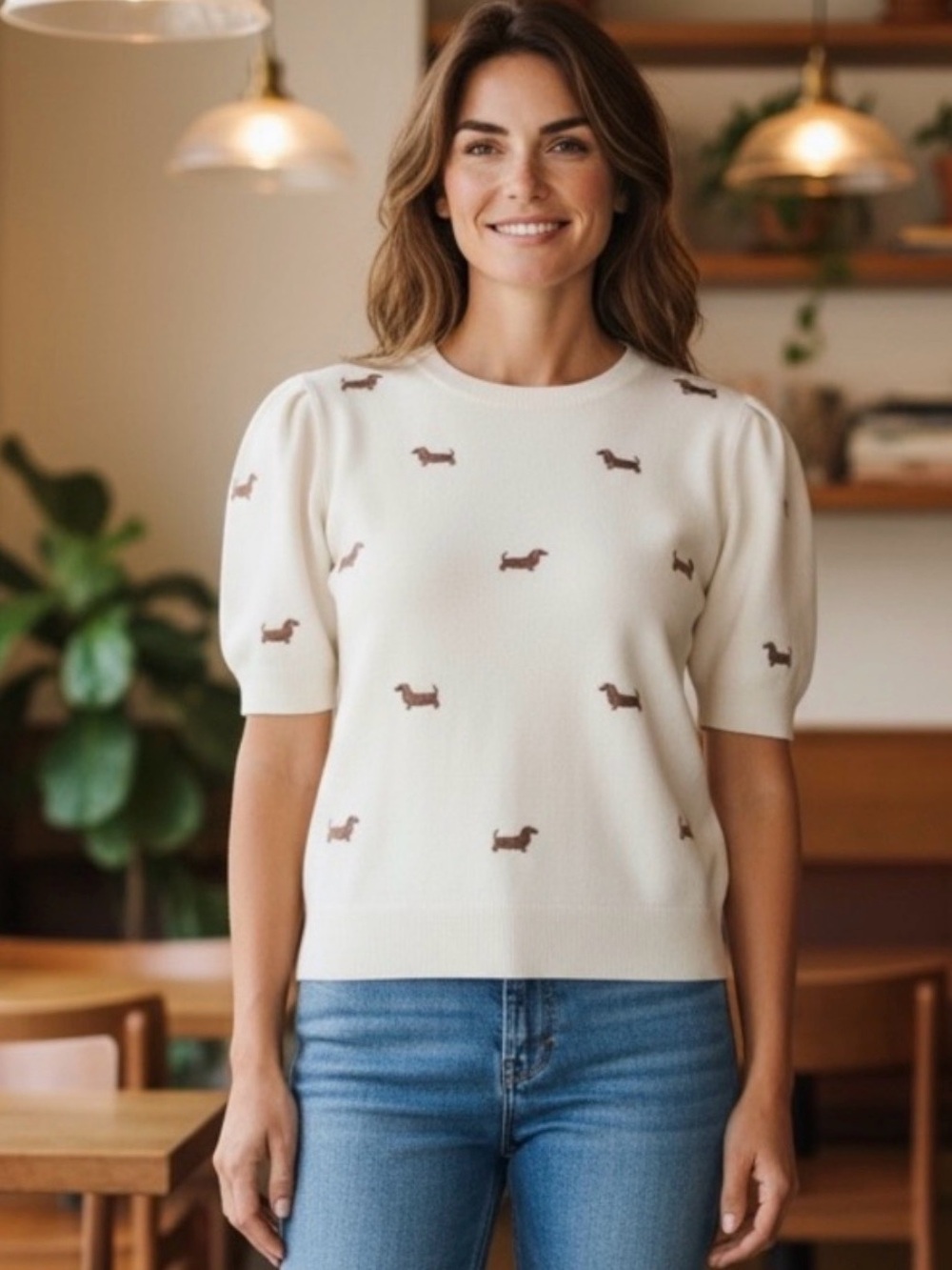 ANTHROPOLOGIE CALLIGRAPHIE Cream PUFF Short Sleeve Sweater Dachshund Print XL